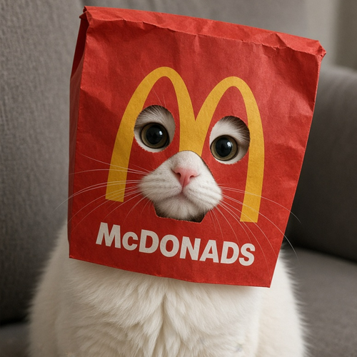 White cat wearing a McDONADS paper bag